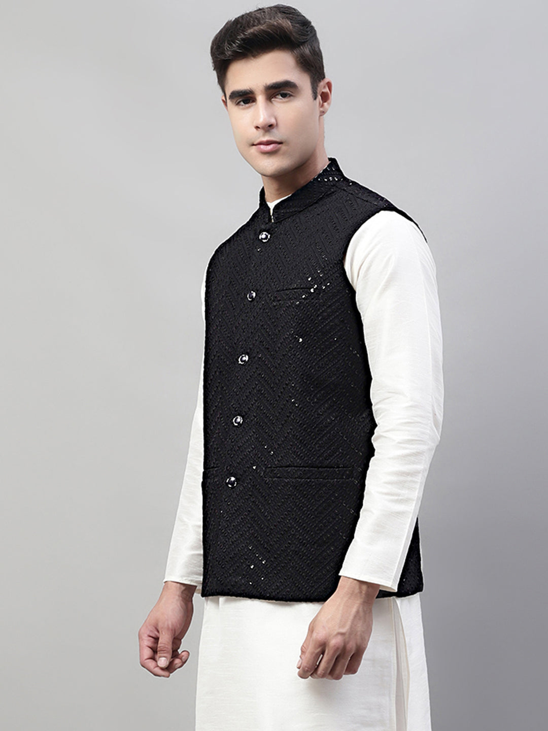 Men Sequins Embroidered Rayon Nehru Jacket