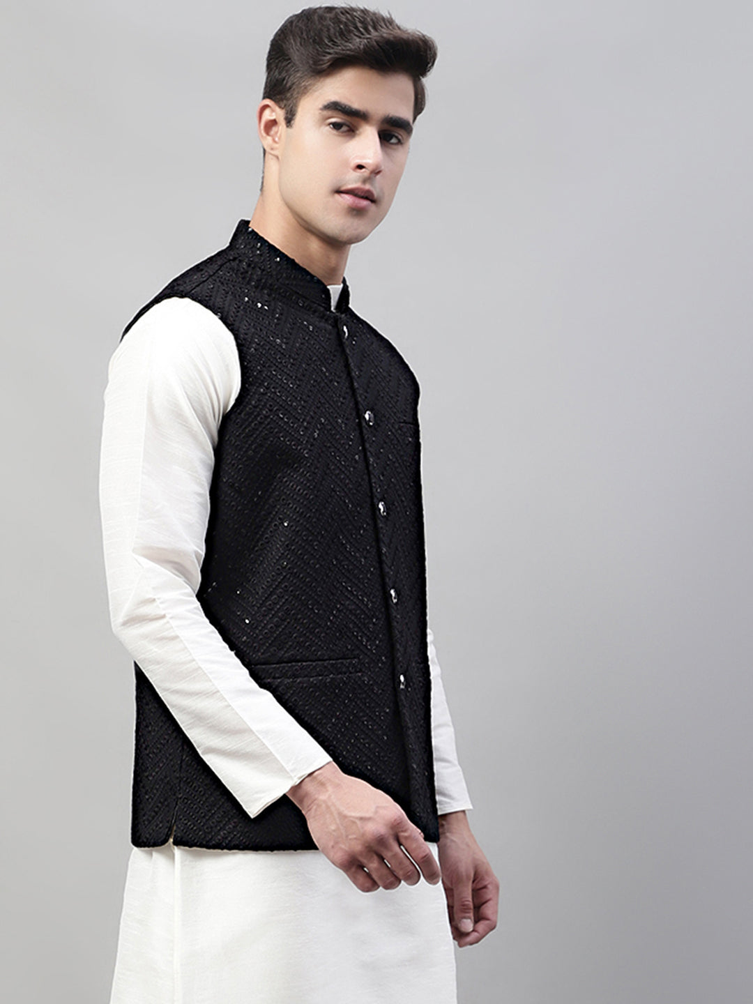 Men Sequins Embroidered Rayon Nehru Jacket