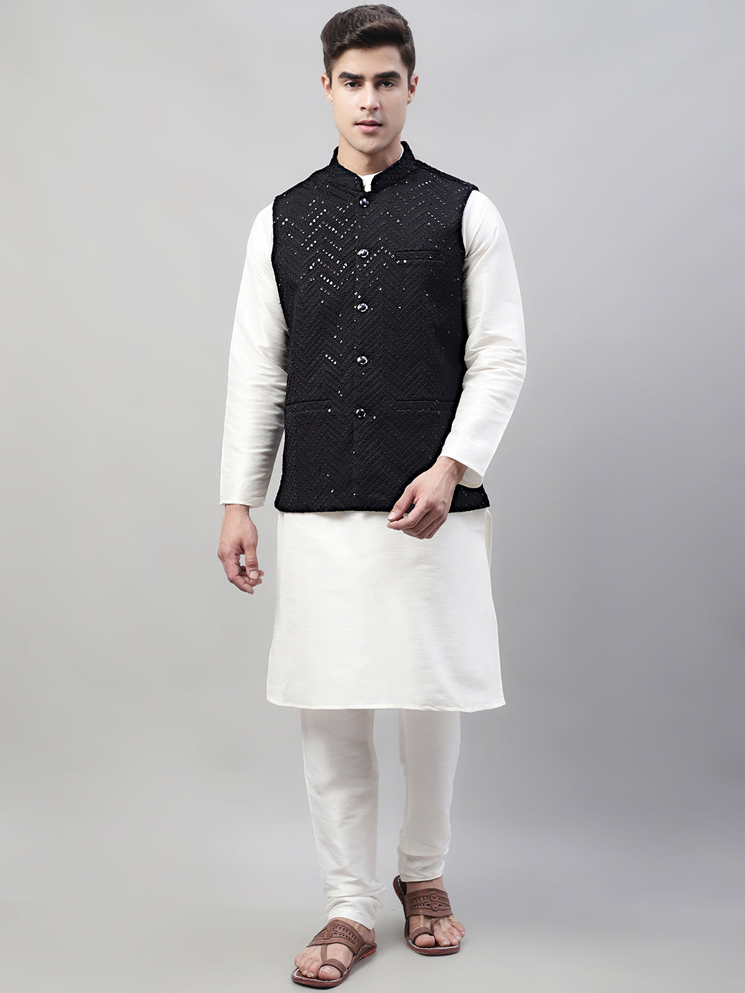 Men Sequins Embroidered Rayon Nehru Jacket