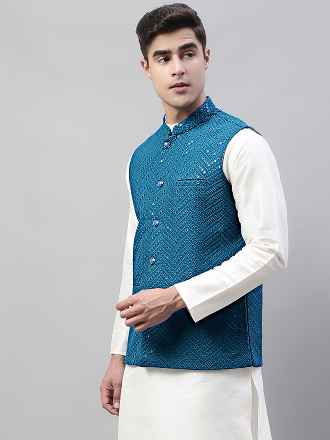 Men's Sequins Embroidered Rayon Nehru Jacket