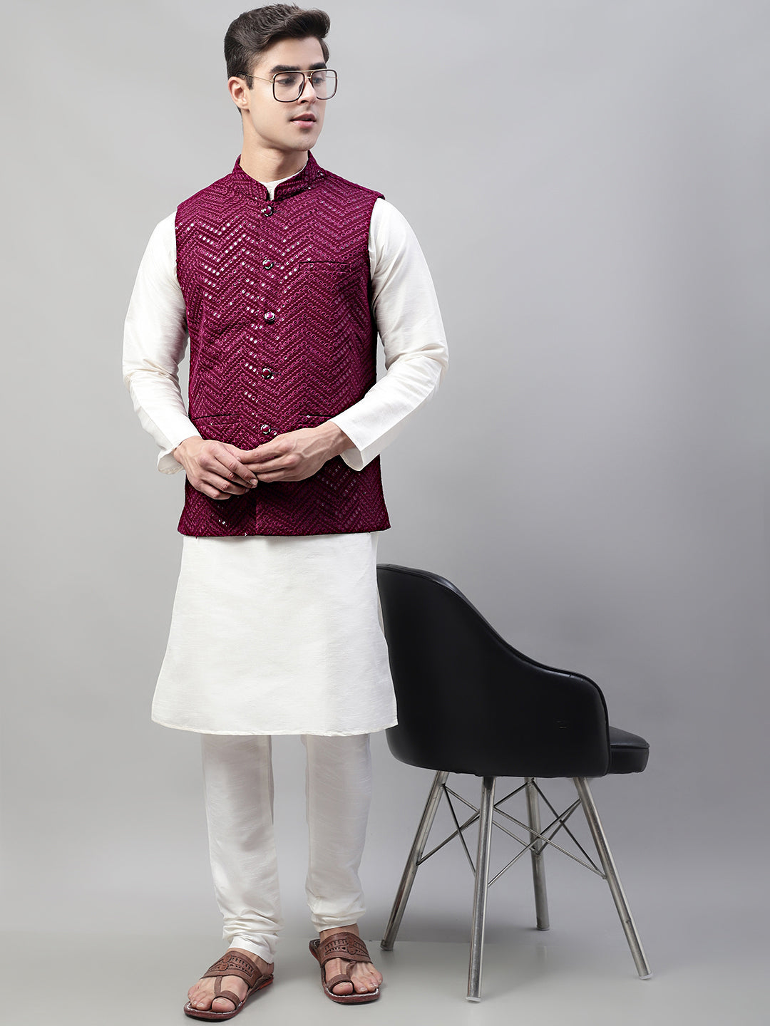 Men's Sequins Embroidered Rayon Nehru Jacket