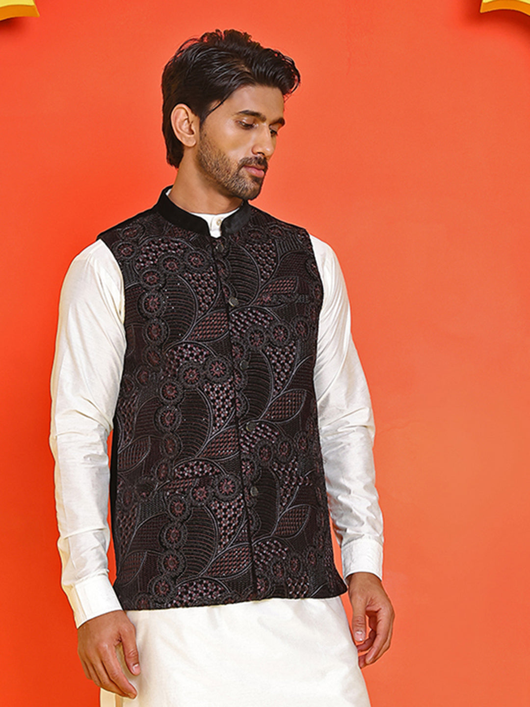 Black Embroidered Velvet Nehru Jacket for Men ( JOWC 4123 Black )