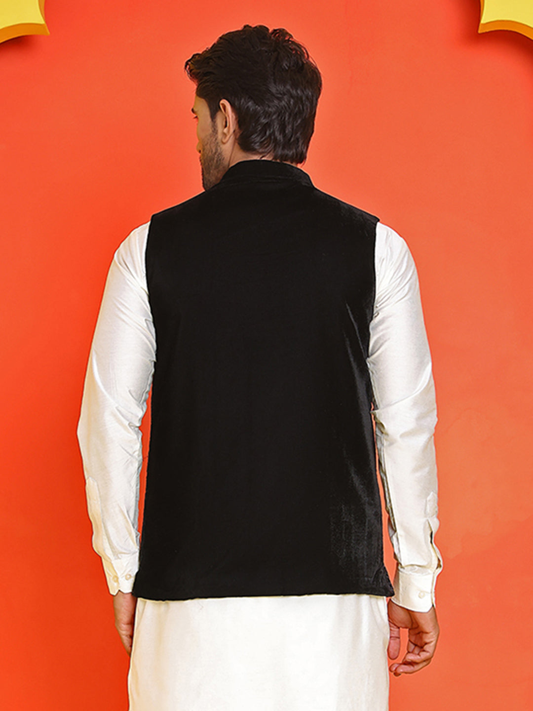 Black Embroidered Velvet Nehru Jacket for Men ( JOWC 4123 Black )