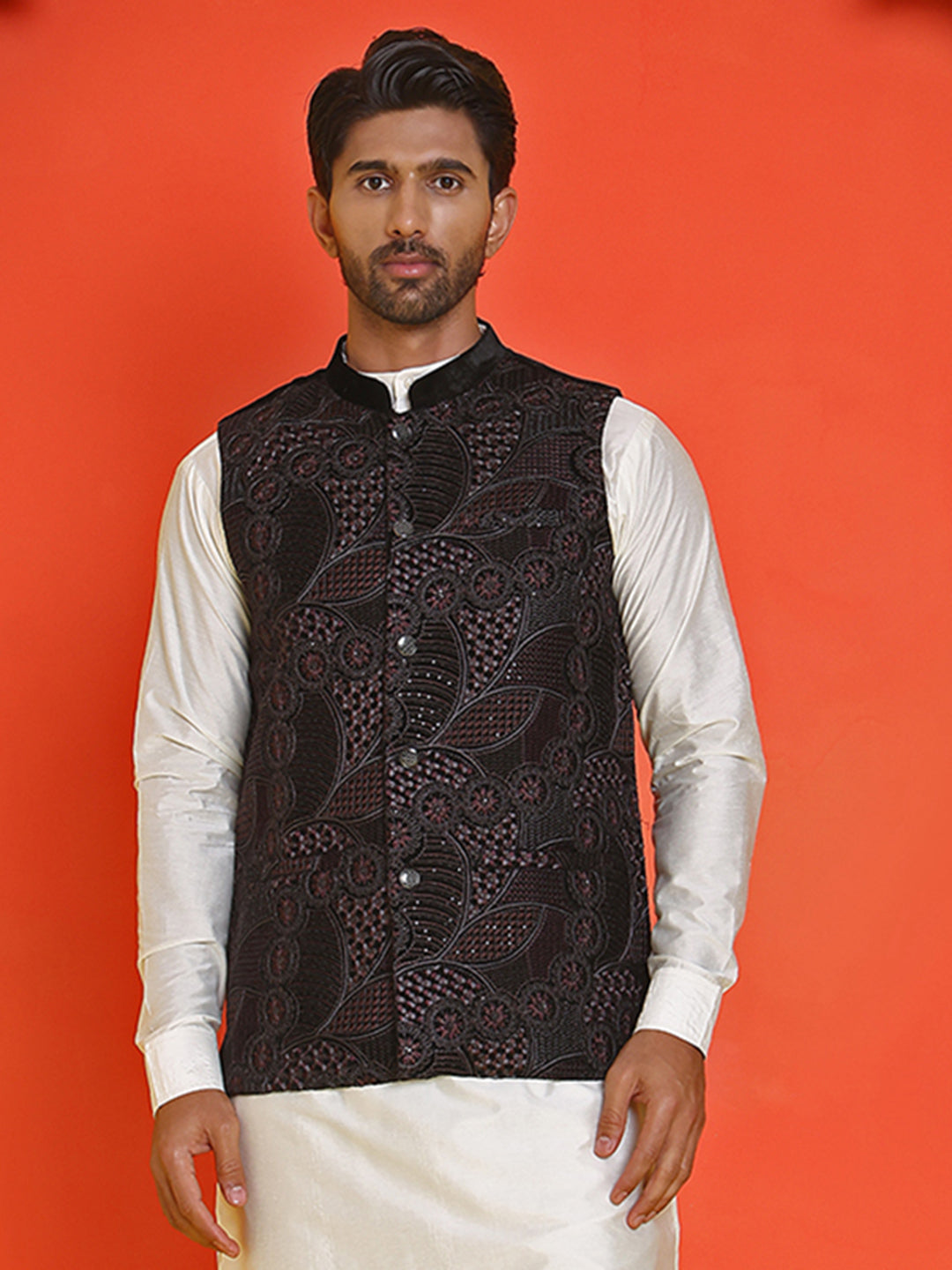 Black Embroidered Velvet Nehru Jacket for Men ( JOWC 4123 Black )