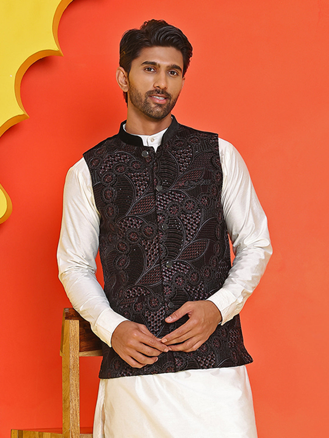 Black Embroidered Velvet Nehru Jacket for Men ( JOWC 4123 Black )