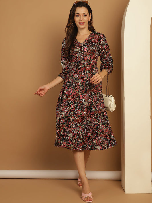 Floral Print Puff Sleeves Crepe Dress