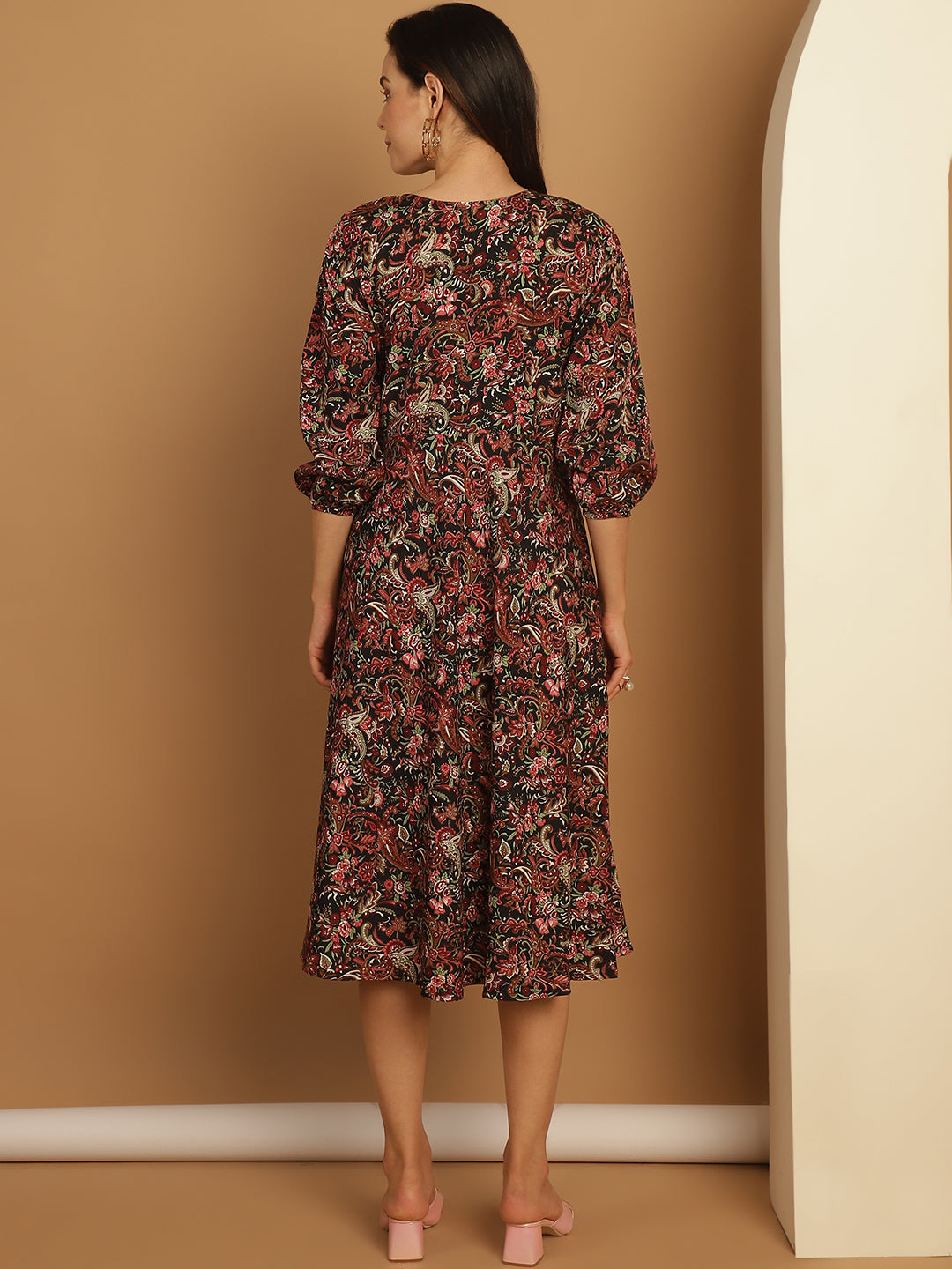 Floral Print Puff Sleeves Crepe Dress