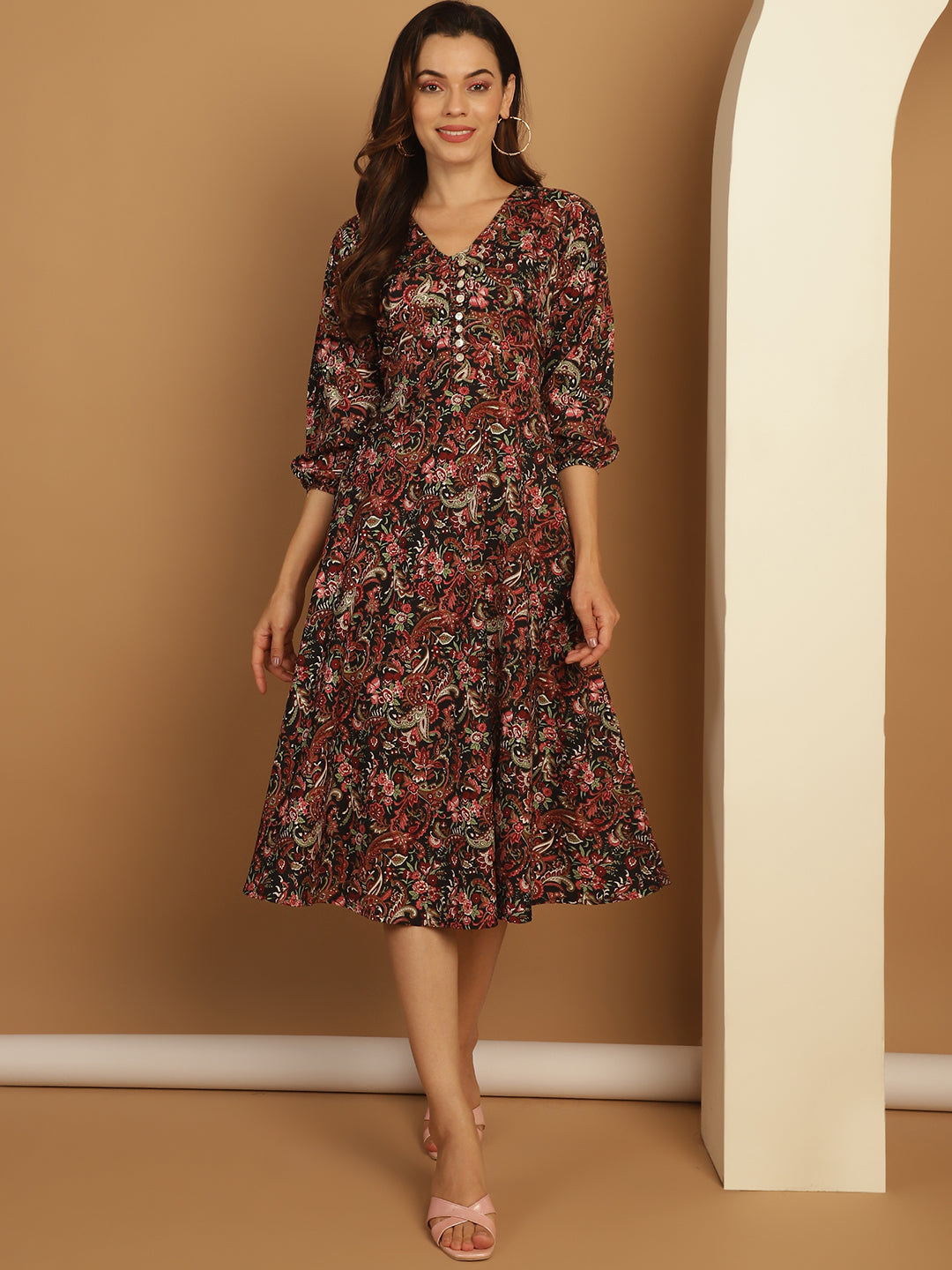 Floral Print Puff Sleeves Crepe Dress