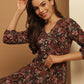 Floral Print Puff Sleeves Crepe Dress