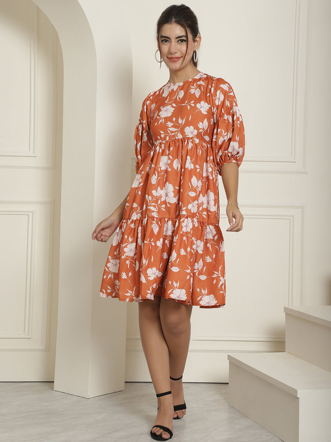 women Mustard Printed A-Line Dress