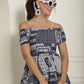 Women's Navy Blue Printed off-Shoulder Dress