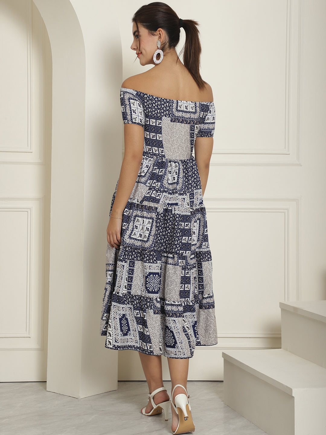 Women's Navy Blue Printed off-Shoulder Dress