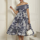 Women's Navy Blue Printed off-Shoulder Dress