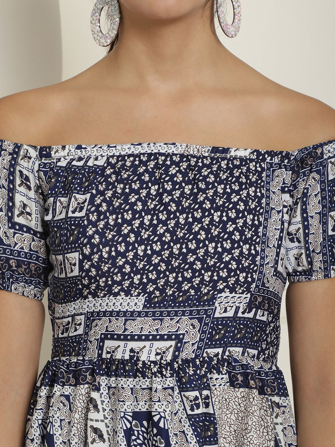 Women's Navy Blue Printed off-Shoulder Dress