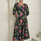 Women's Black Floral Printed A-line Dress With Belt