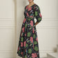 Women's Black Floral Printed A-line Dress With Belt