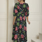 Women's Black Floral Printed A-line Dress With Belt