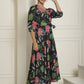 Women's Black Floral Printed A-line Dress With Belt