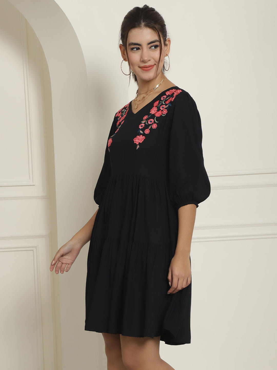 Women's Black Floral Embroidered A-line Dress