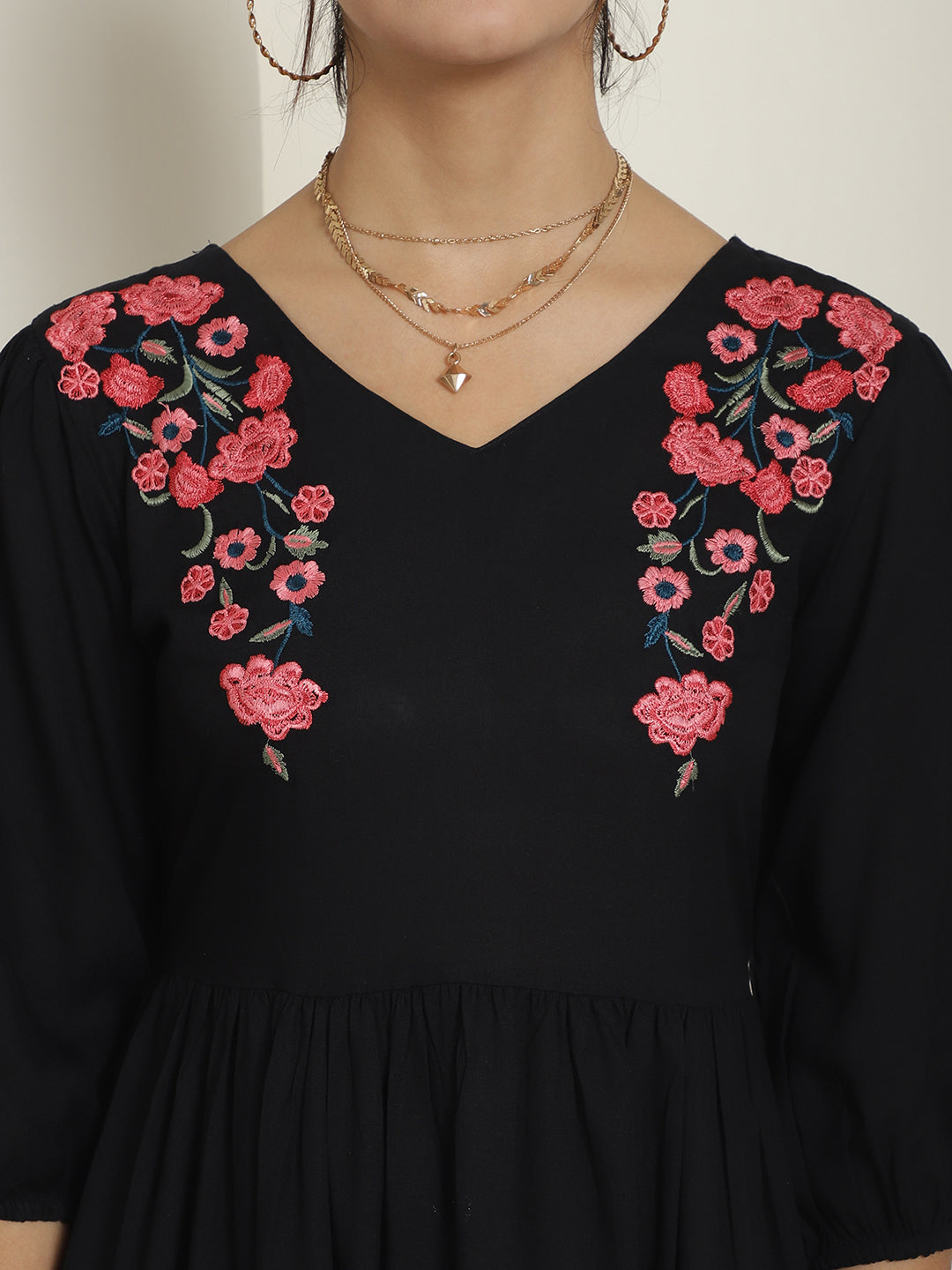 Women's Black Floral Embroidered A-line Dress