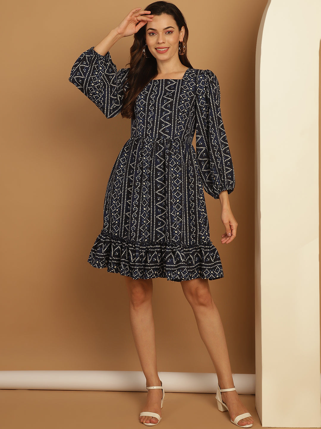 Bandhani Printed Puff Sleeve A-Line Dress