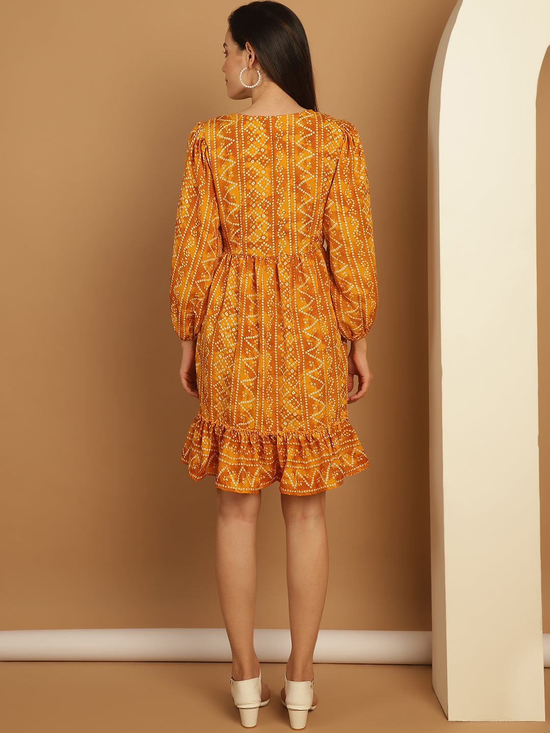 Bandhani Printed Puff Sleeve A-Line Dress