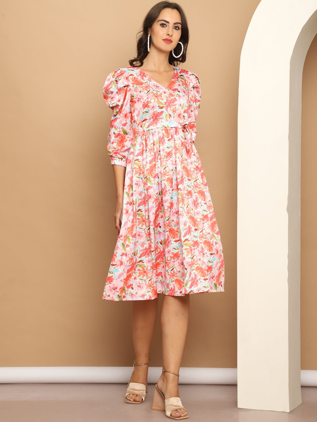 Women's Floral Printed A-line Dress With Belt