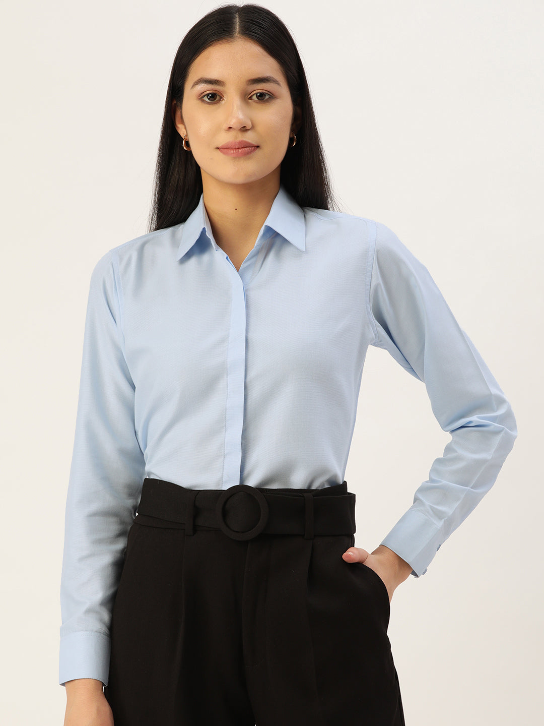 Women Blue Solid Shirt Style Top