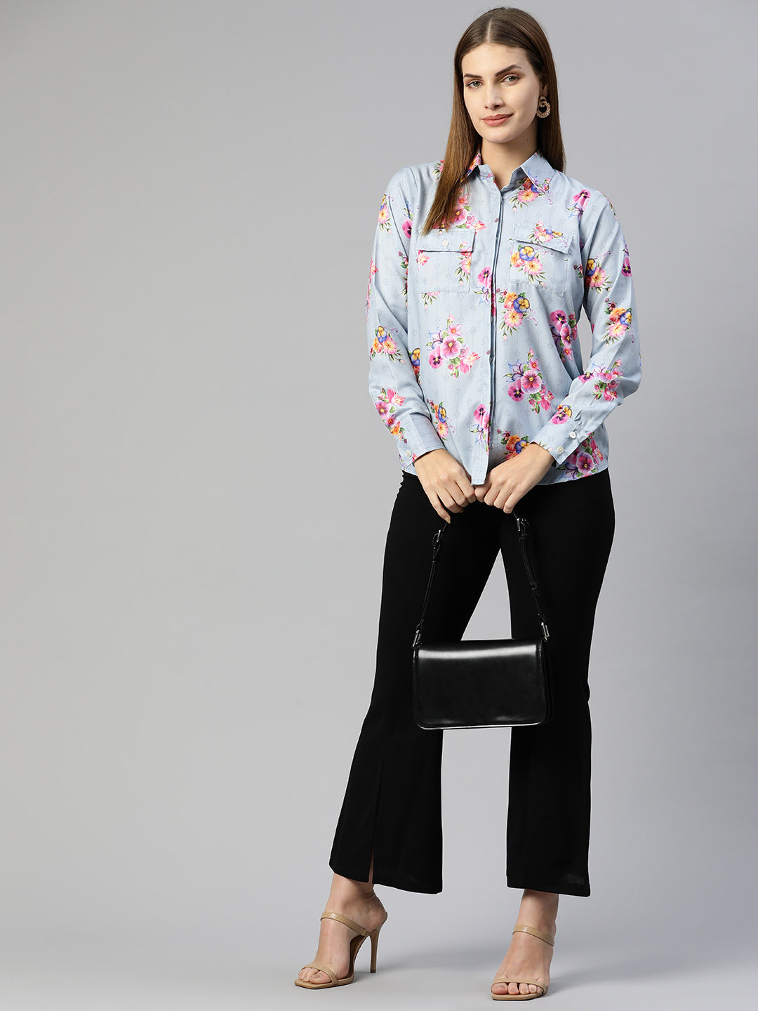 Women  Floral Double Pocket Shirt Style Top