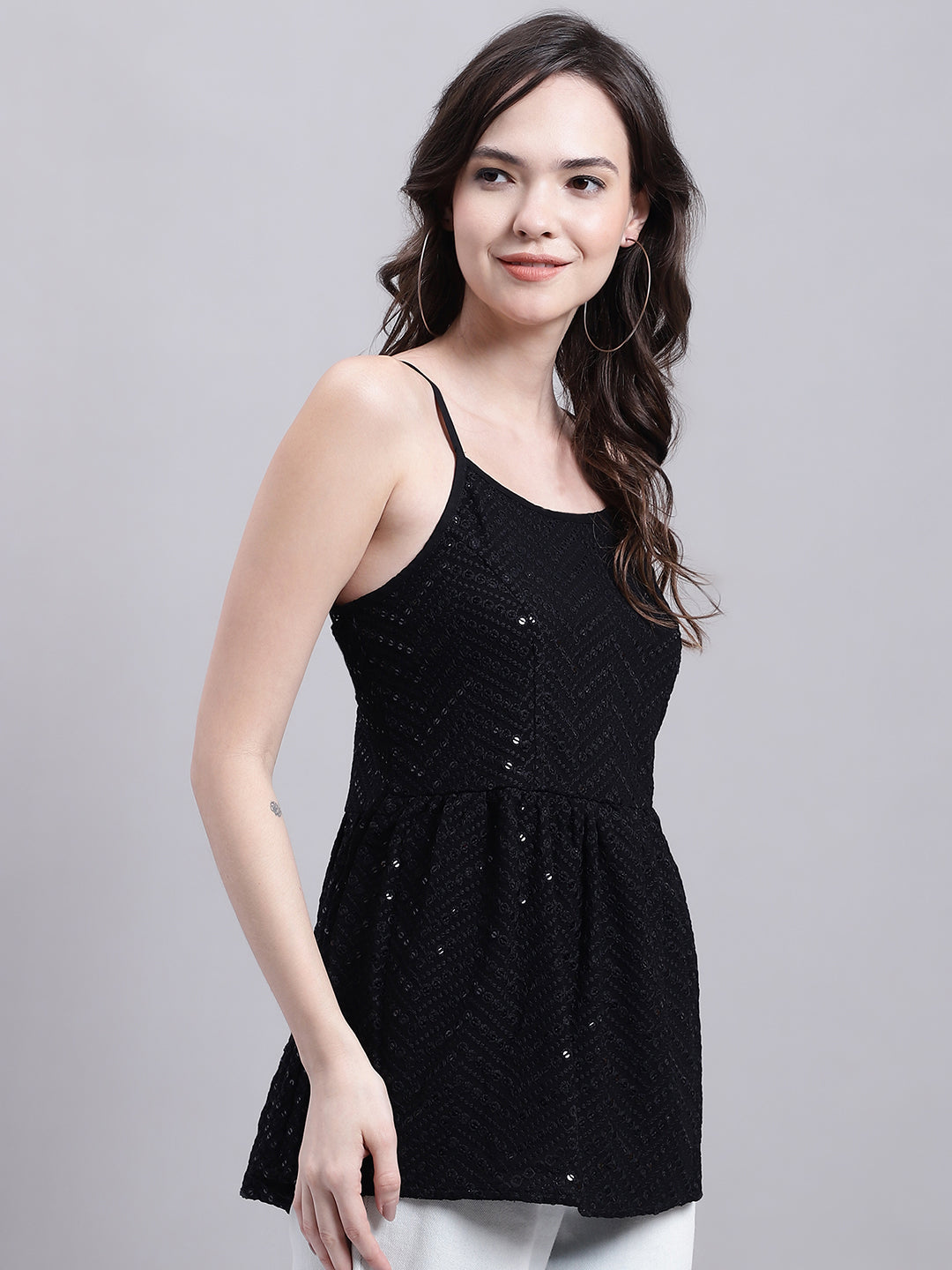 Women's Black Chikankari Sequen Work Empire Top