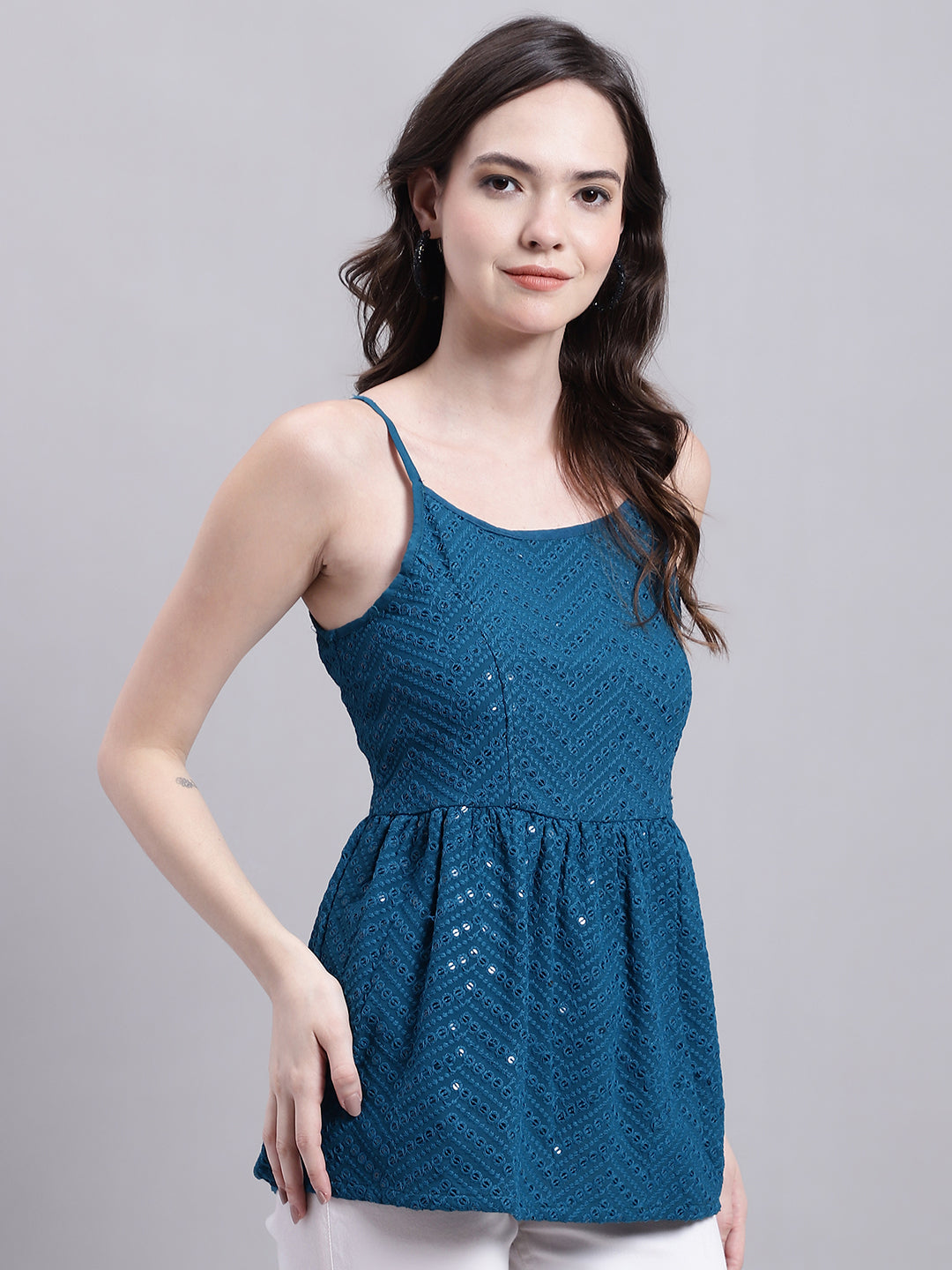 Women's Peacock Blue Chikankari Sequen Work Empire Top