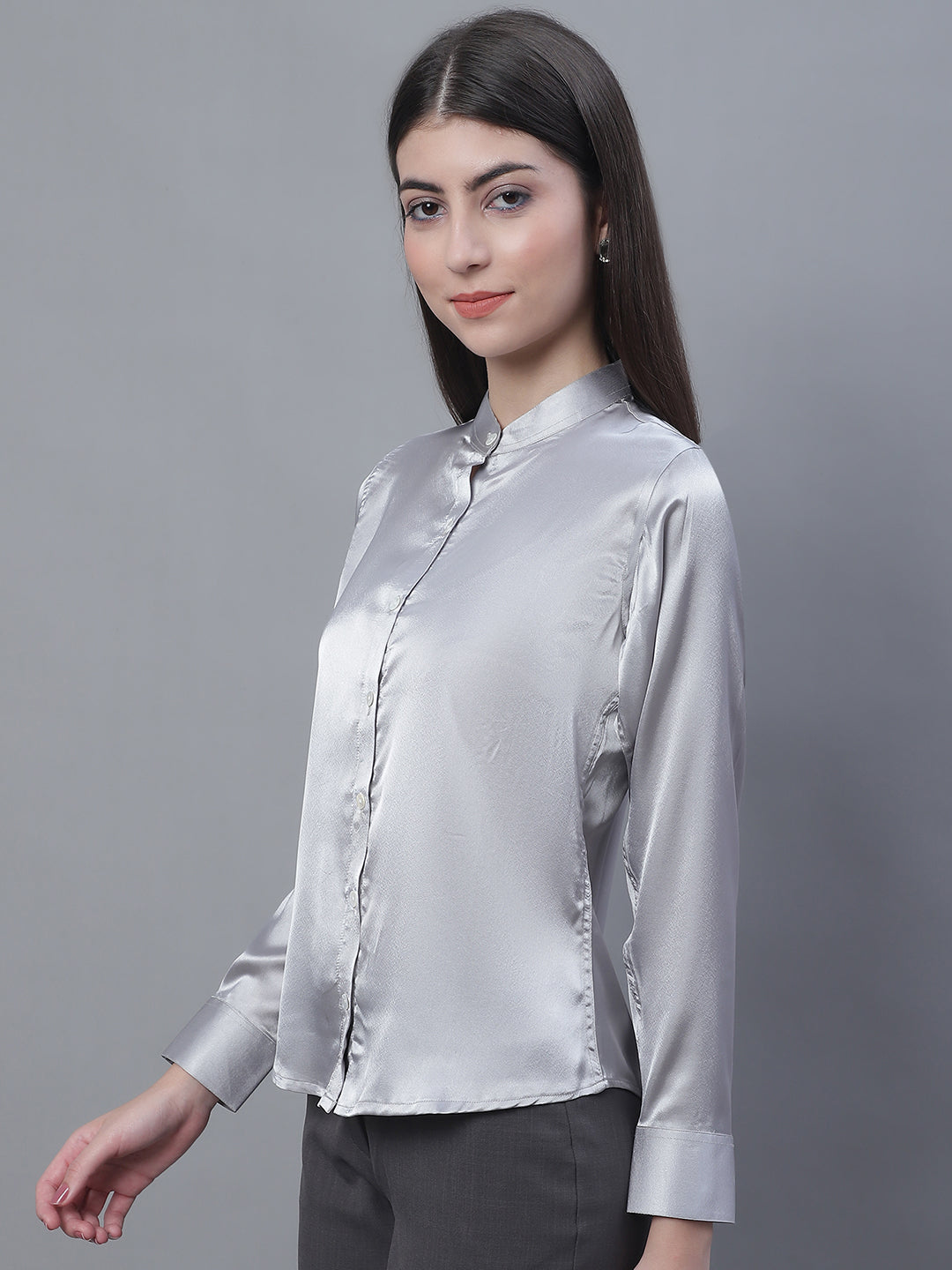 Women Grey Solid Shirt Style Top