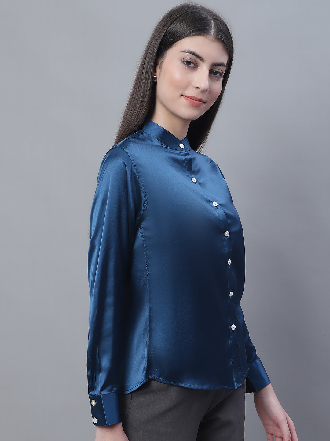 Women Blue Solid Shirt Style Top