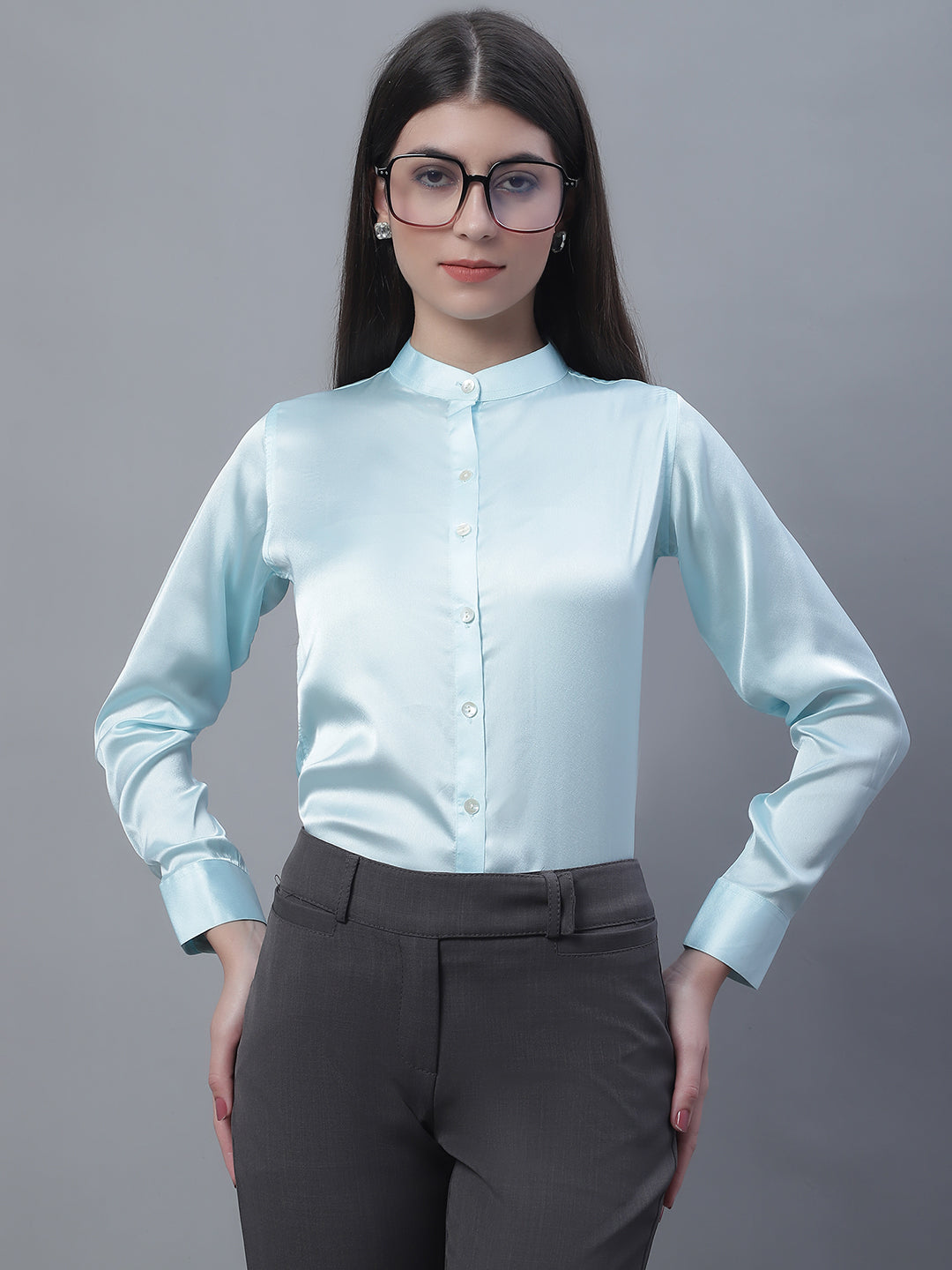 Women Sky Blue Solid Shirt Style Top