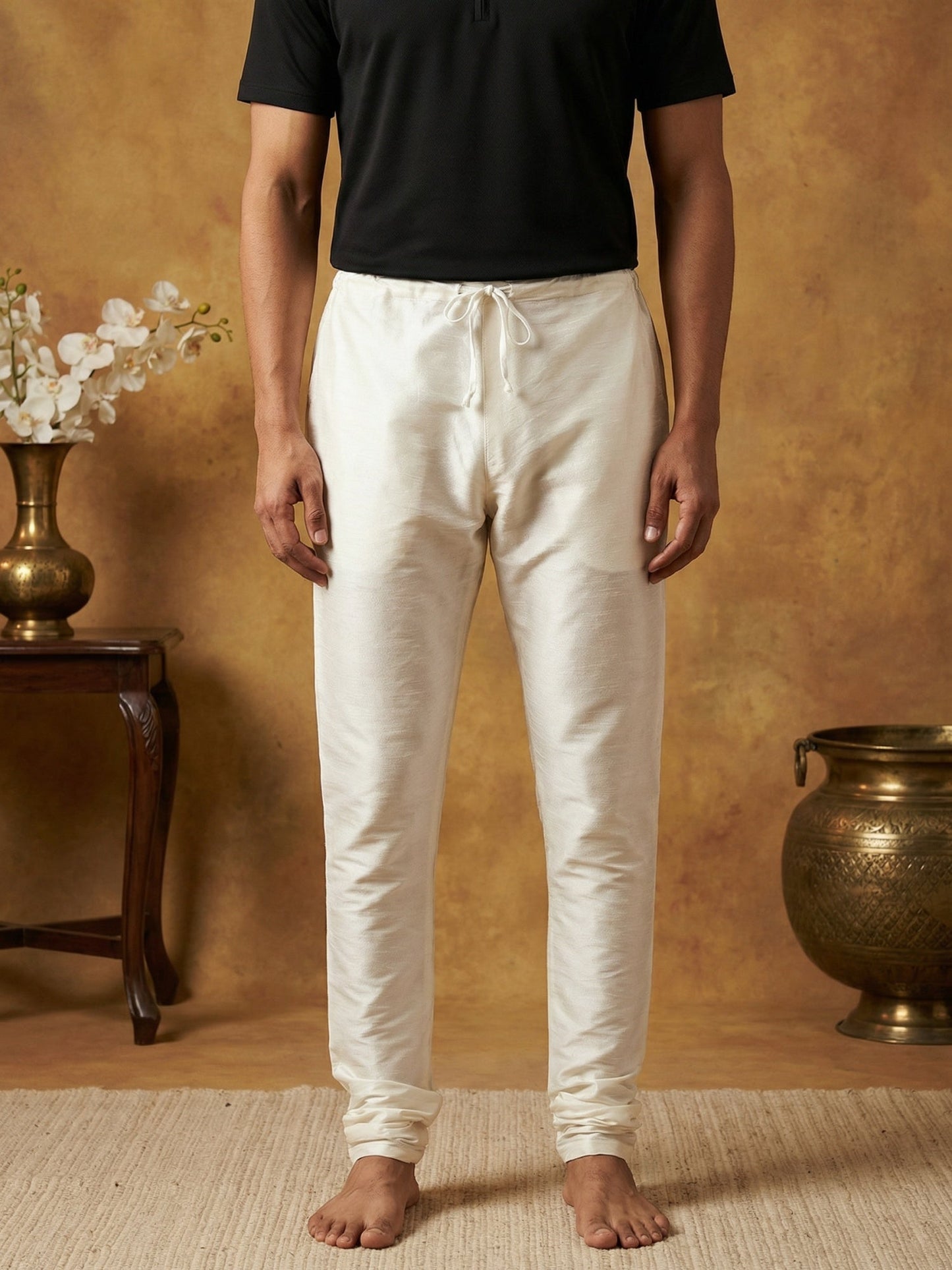 Men Pack of 2 Solid Dupion Silk Pyjamas ( JOCPJ 003Off-White Pack-2 )