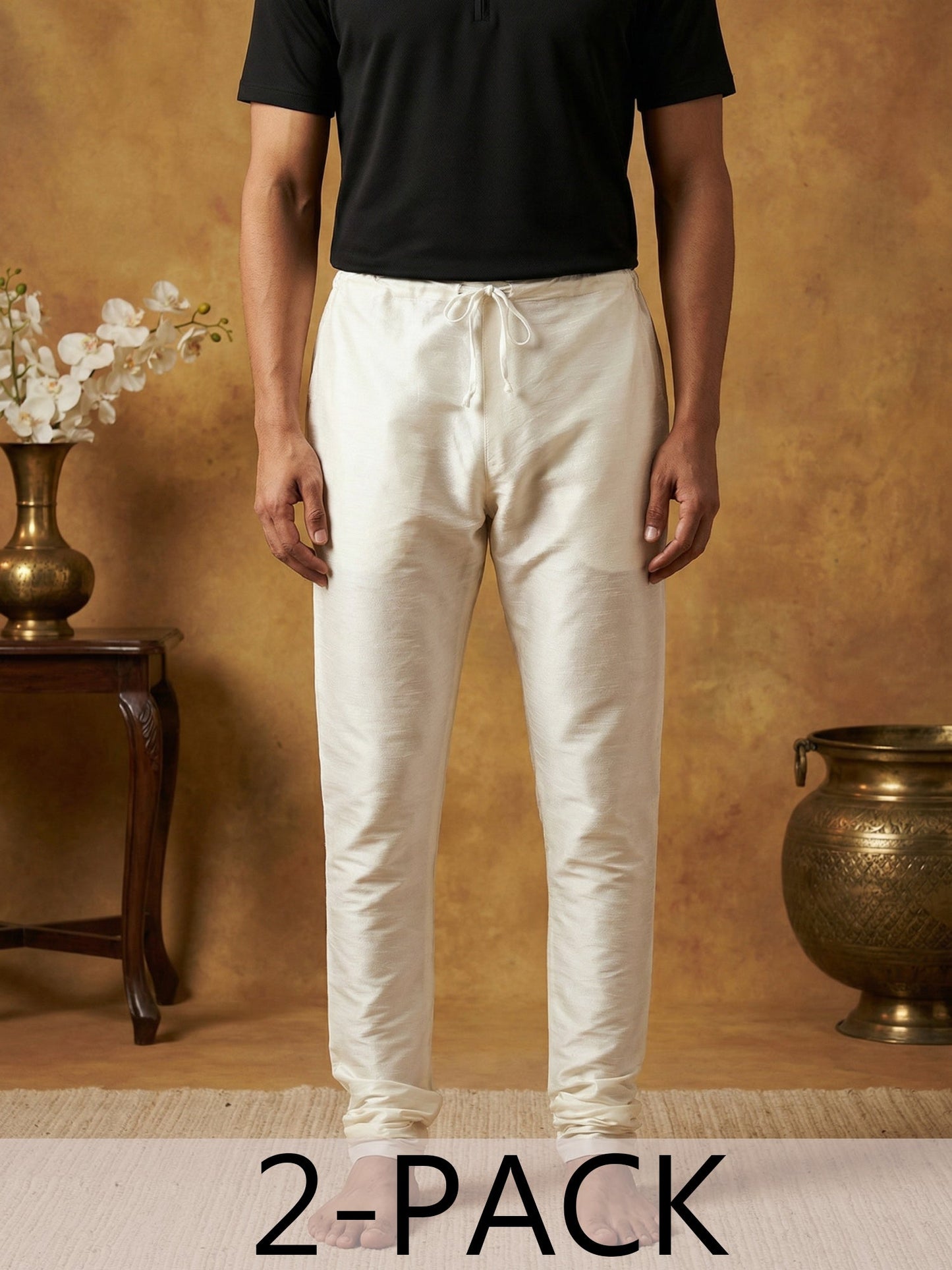 Men Pack of 2 Solid Dupion Silk Pyjamas ( JOCPJ 003Off-White Pack-2 )