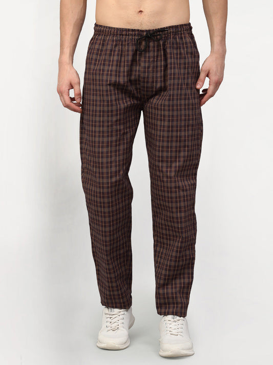 Indian Needle Men's Brown Cotton Checked Track Pants ( JOG 015Brown )