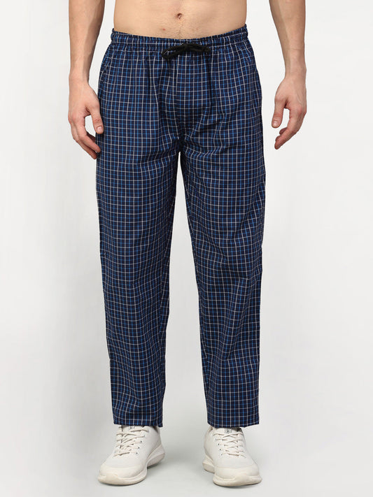 Indian Needle Men's Navy Blue Cotton Checked Track Pants ( JOG 015Navy )