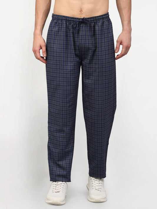 Indian Needle Men's Navy Blue Cotton Checked Track Pants ( JOG 017Navy-Grey )