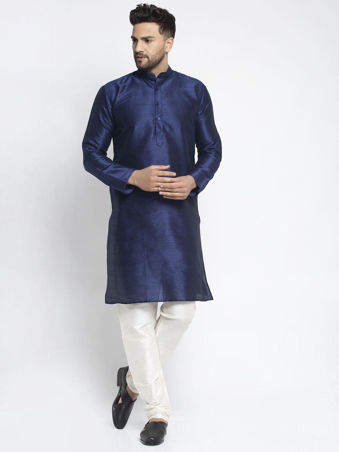 Jompers Men's Navy Solid Dupion Silk Kurta Payjama Set ( JOKP 636Navy )