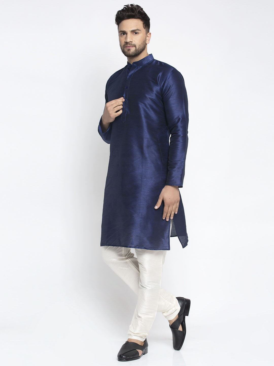 Jompers Men's Navy Solid Dupion Silk Kurta Payjama Set ( JOKP 636Navy )