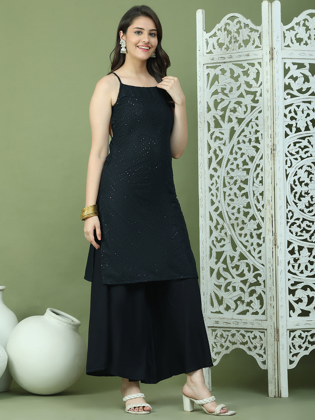 Chic Backless Designer Kurta with Palazzo ( JOKPL 2137B 1577 Black )