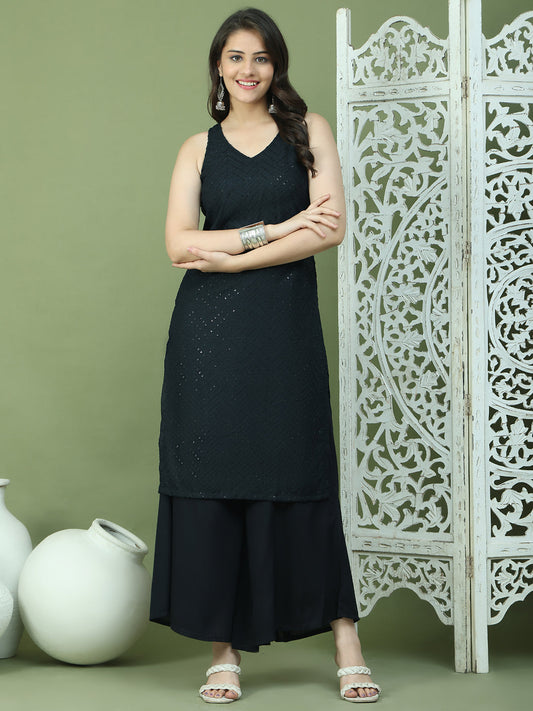 Embroidered Rayon Kurta With Palazzos ( JOKPL 2137B 1579 Black )