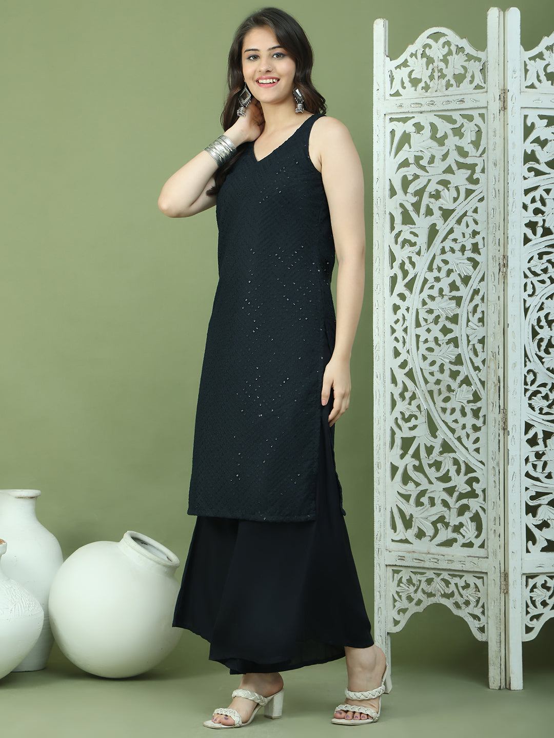 Embroidered Rayon Kurta With Palazzos ( JOKPL 2137B 1579 Black )