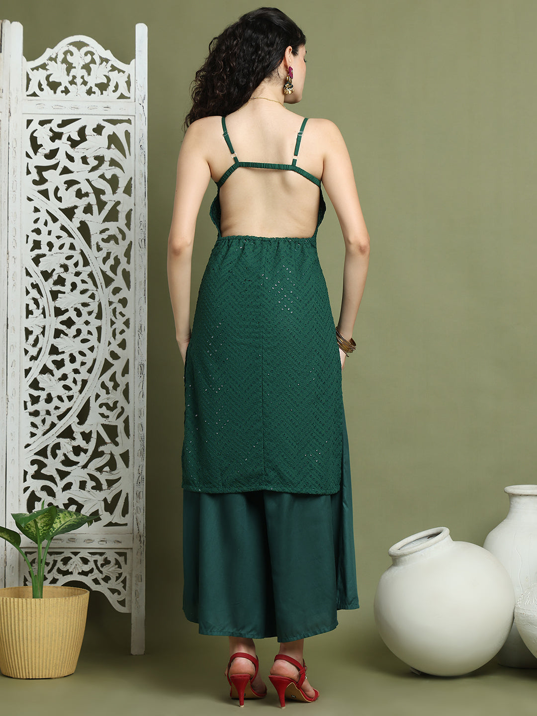 Chic Backless Designer Kurta with Palazzo ( JOKPL 2137G 1577 Green )