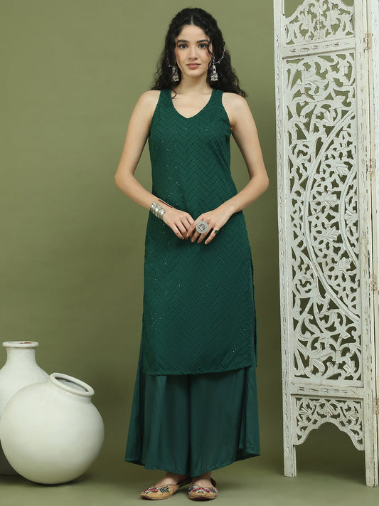 Embroidered Rayon Kurta With Palazzos ( JOKPL 2137G 1579 Green )