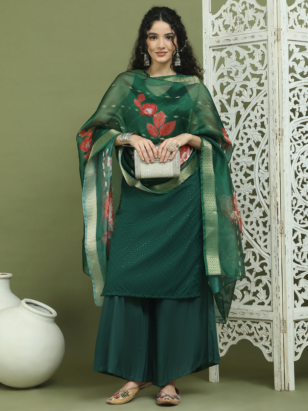 Embroidered Rayon Kurta Palazzos With dupatta ( JOKPL 2137G D66G 1579 Green )