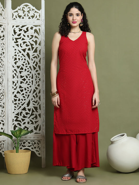 Embroidered Rayon Kurta With Palazzos ( JOKPL 2137M 1579 Maroon )