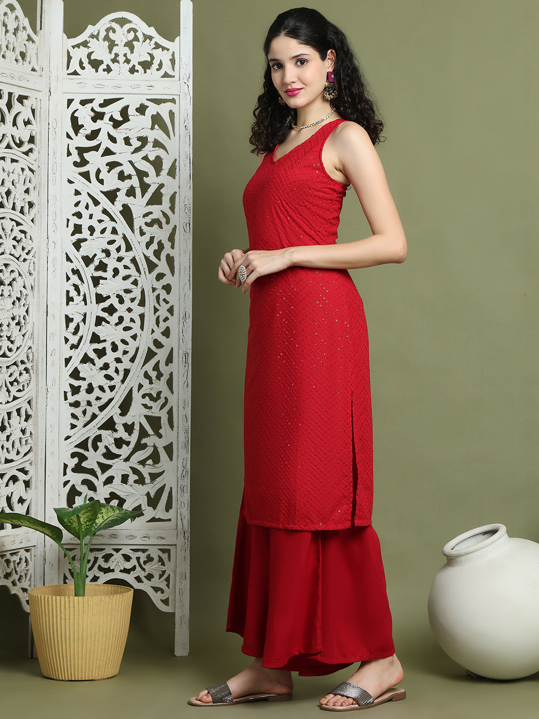 Embroidered Rayon Kurta With Palazzos ( JOKPL 2137M 1579 Maroon )