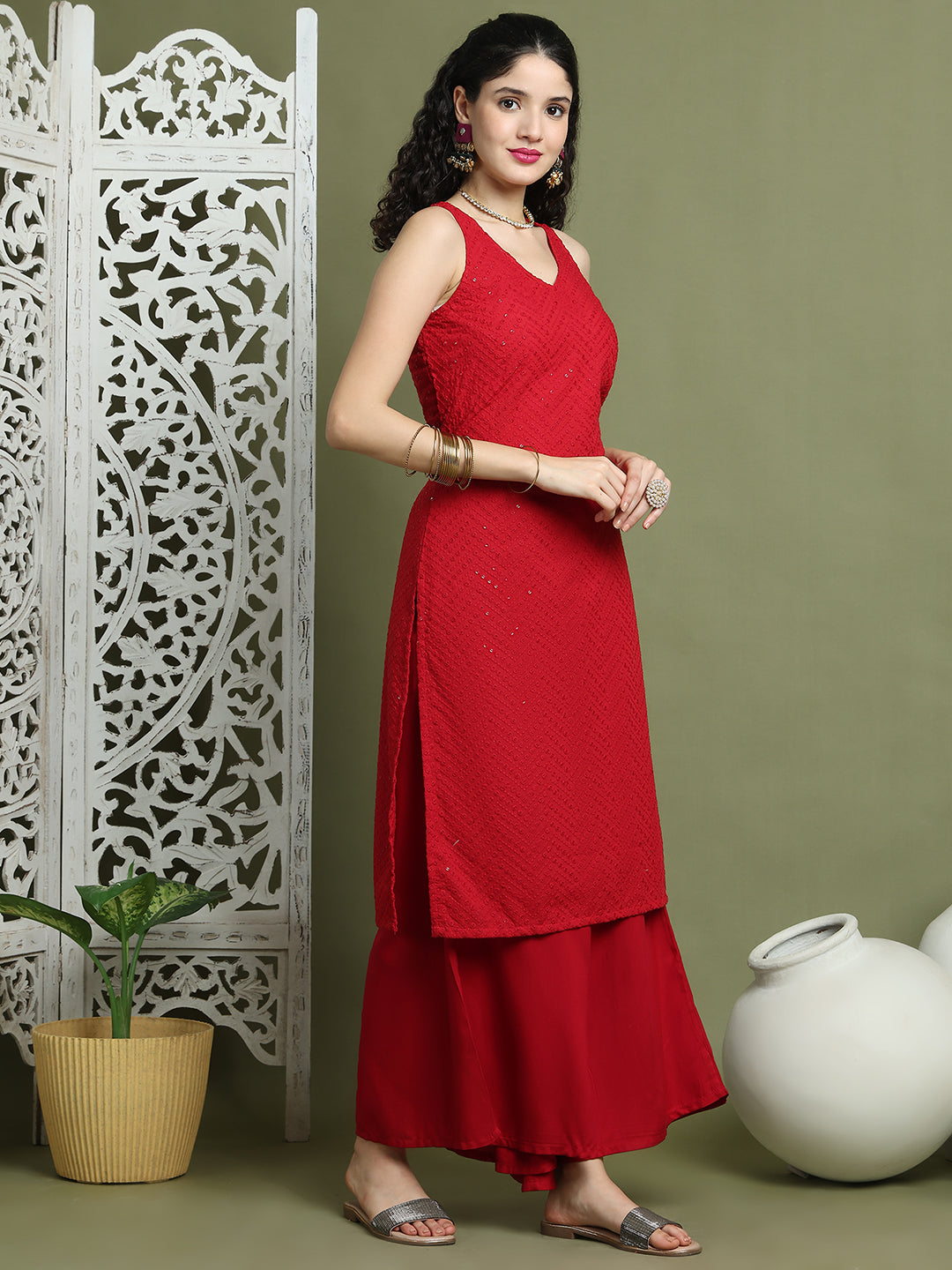 Embroidered Rayon Kurta With Palazzos ( JOKPL 2137M 1579 Maroon )